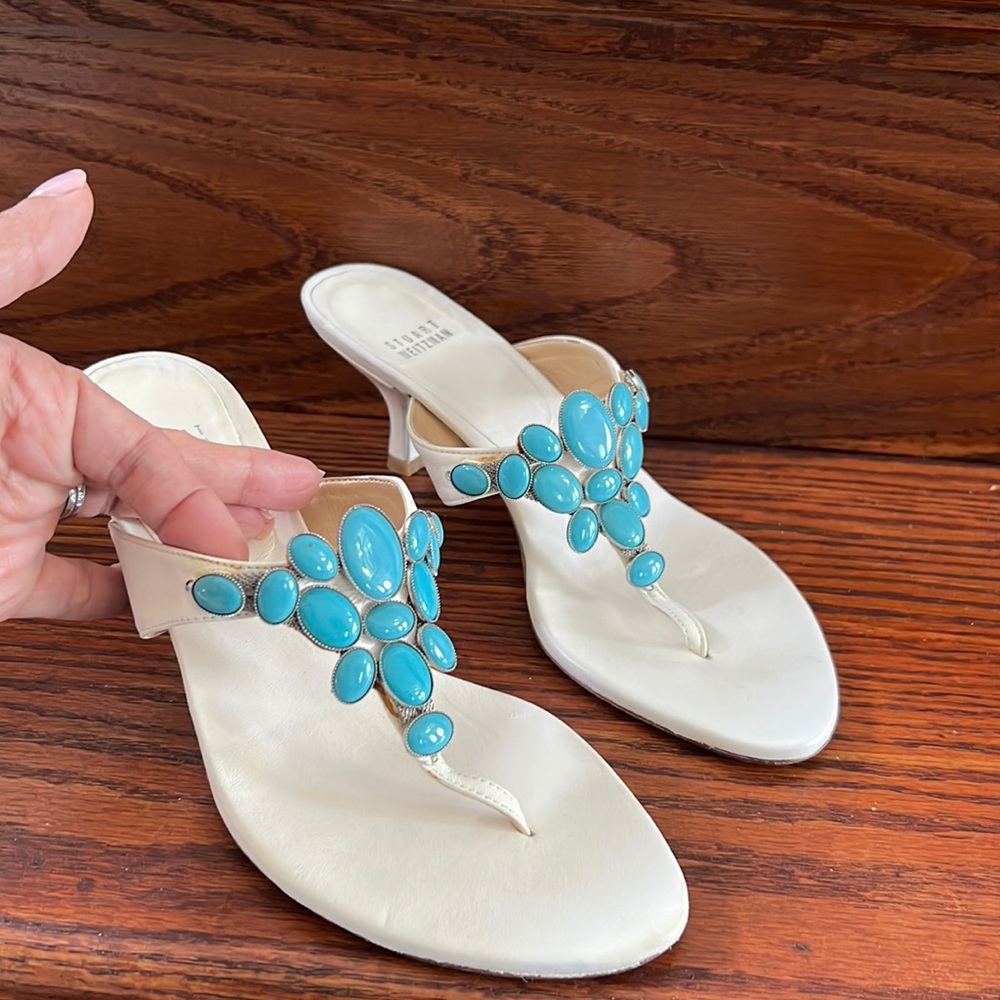 Stuart Weitzman shoes with kitten heel and blue stones